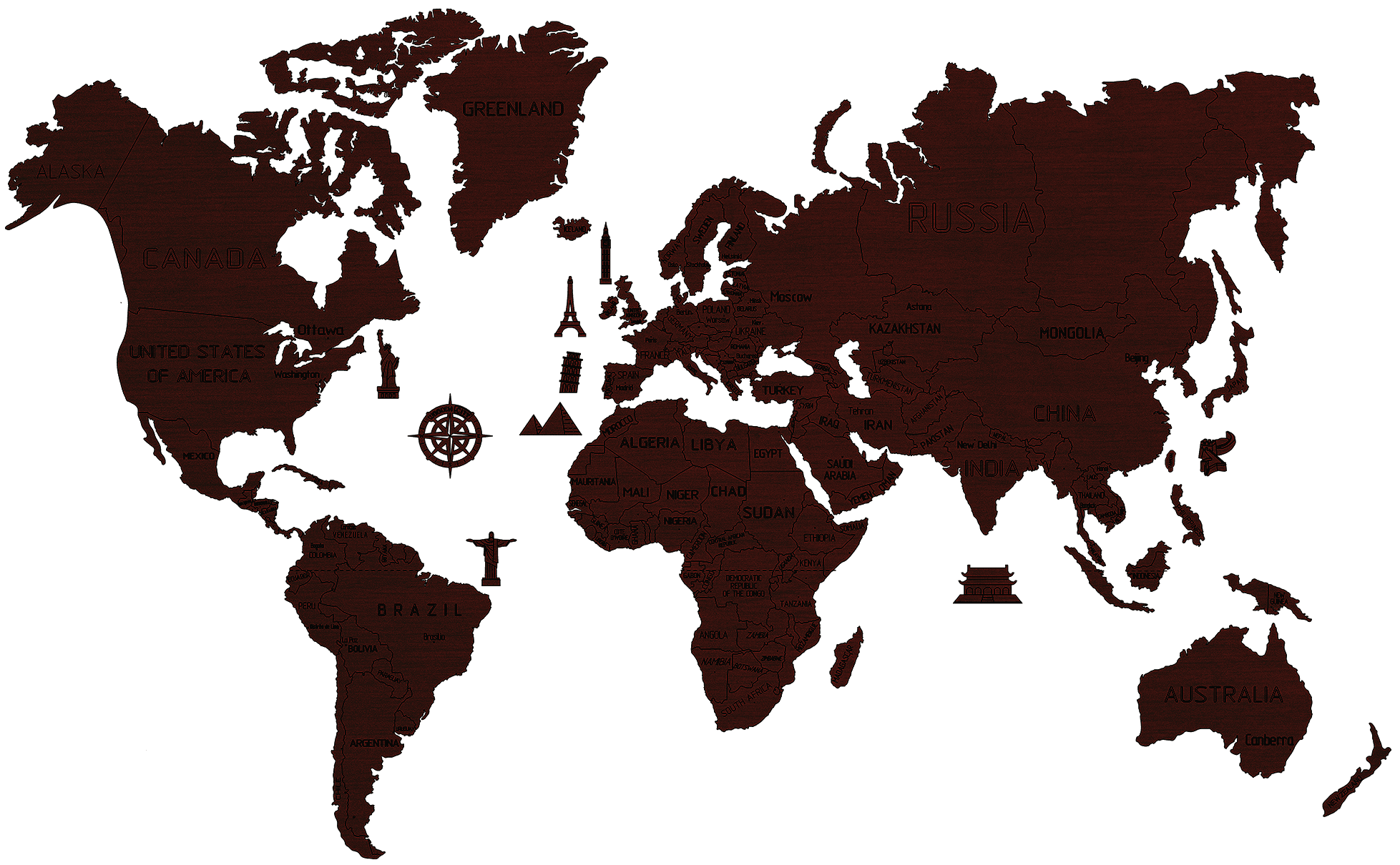 Drewniana Mapa Świata na ścianę 3D, rozm. XL – kolor ciemny dąb