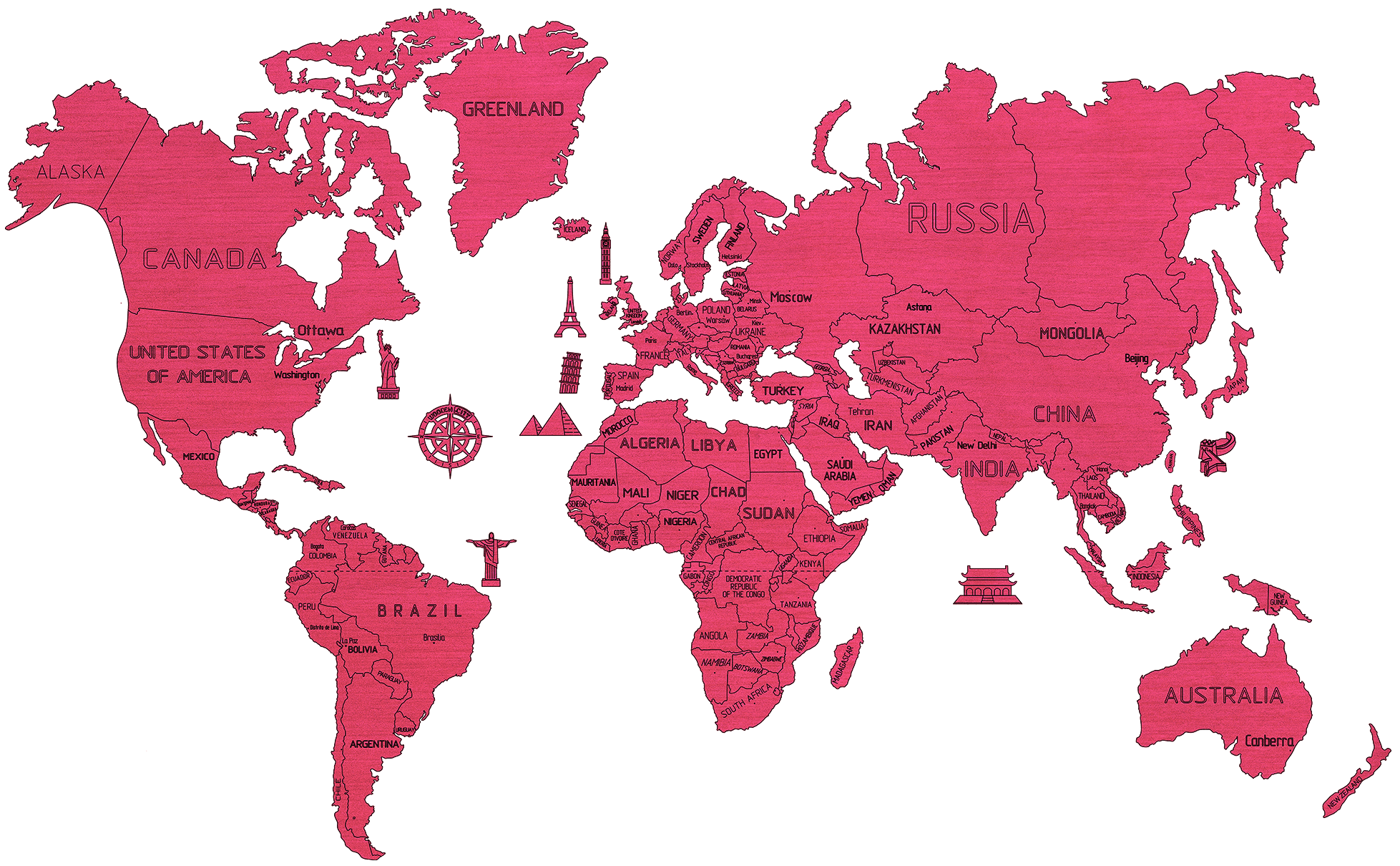 Drewniana Mapa Świata na ścianę 3D, rozm. XL- kolor koralowy