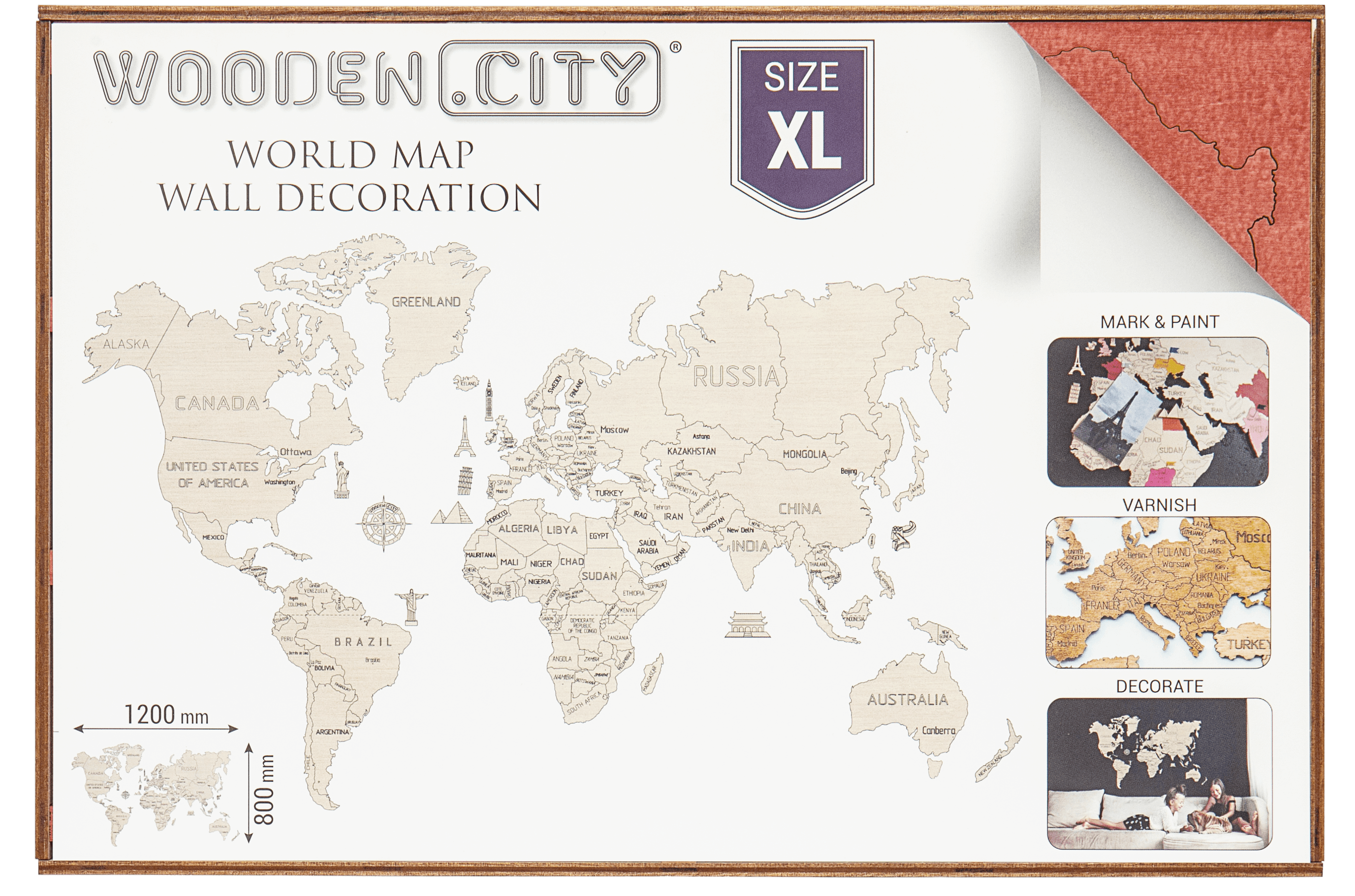 Wooden World Map on a 3D wall, size XL - natural cyan