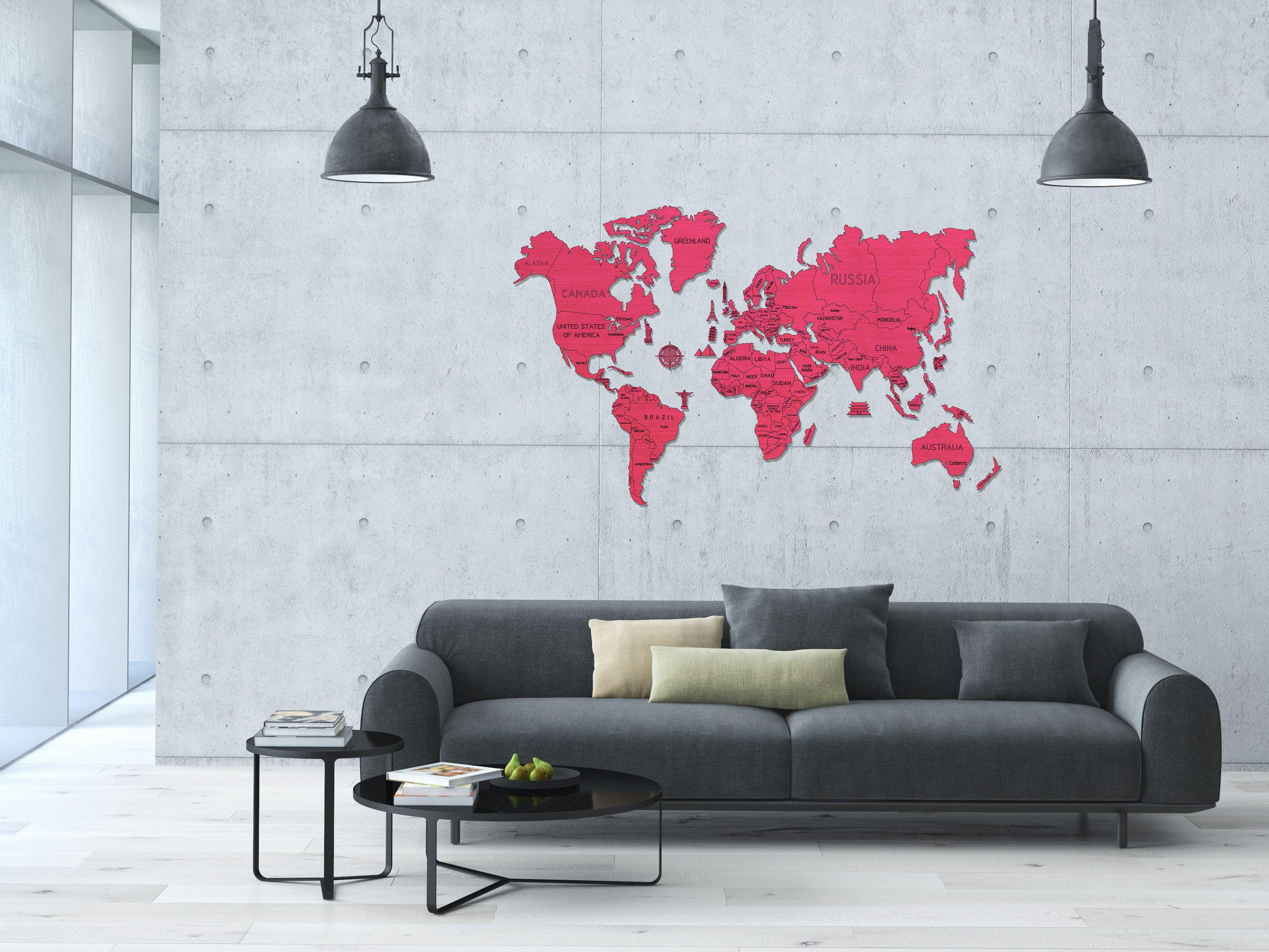 Drewniana Mapa Świata na ścianę 3D, rozm. XXL – kolor ciemny dąb