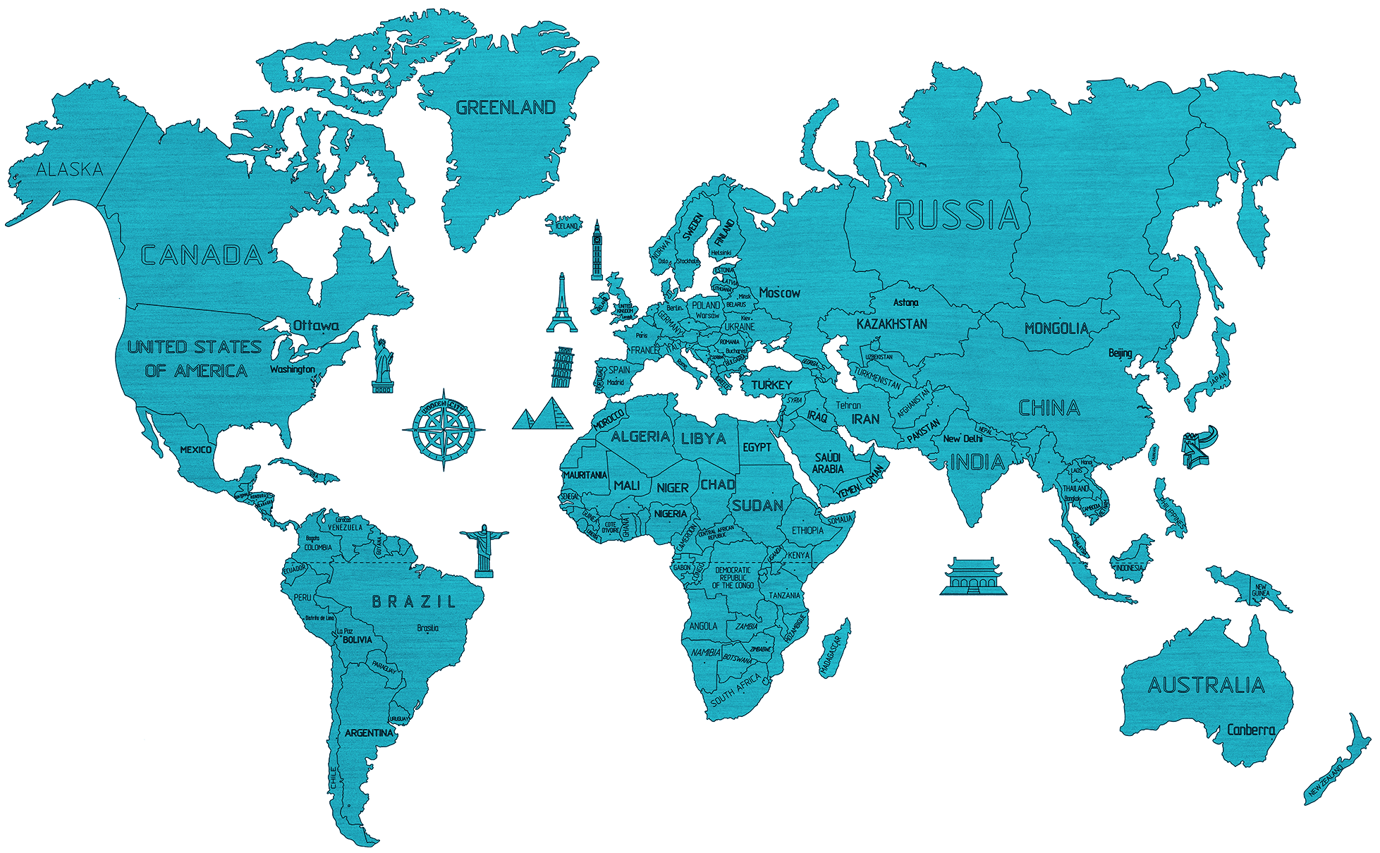 Drewniana Mapa Świata na ścianę 3D, rozm. XXL – kolor niebieski