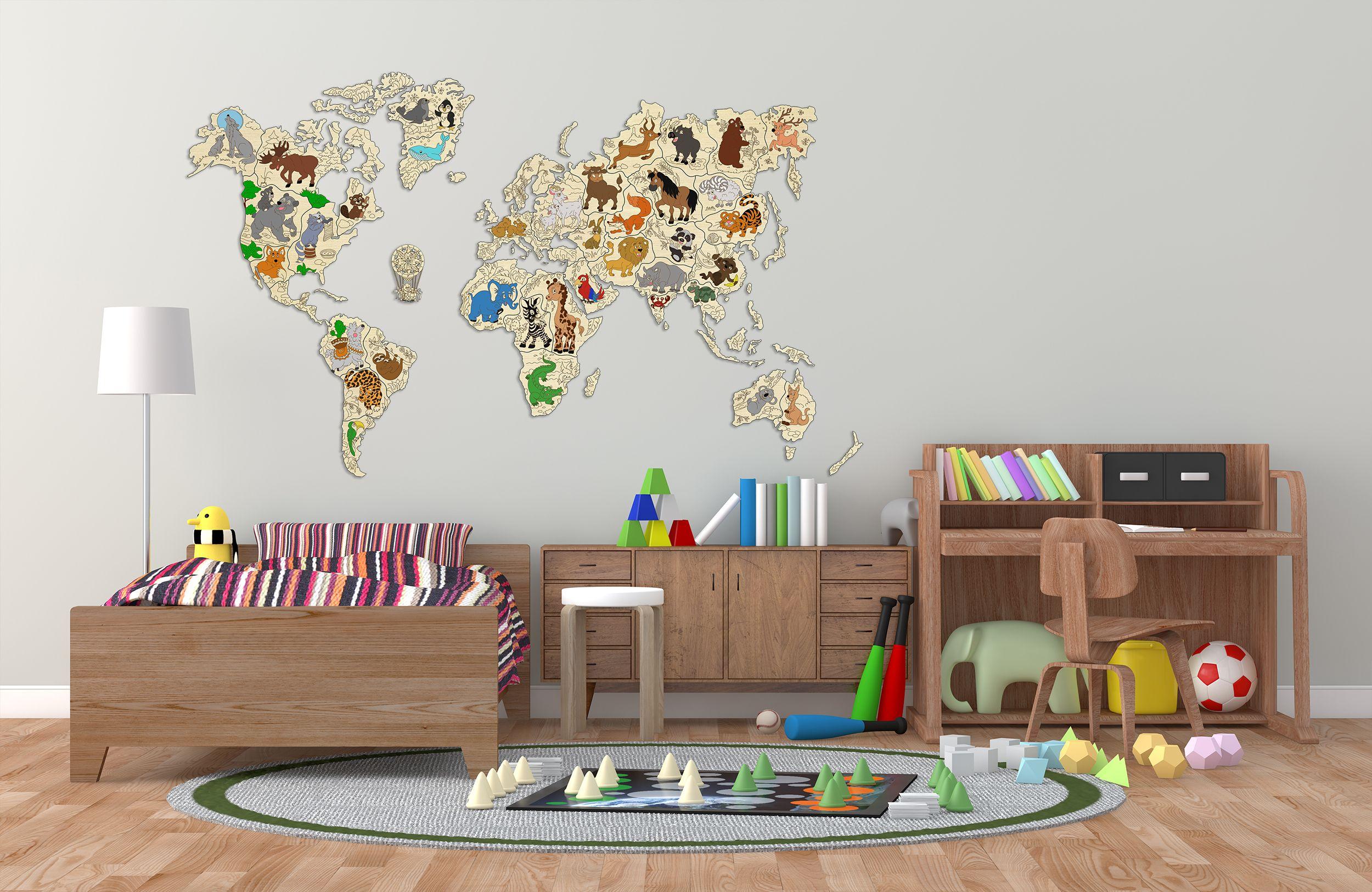 Drewniana Mapa Świata Zwierząt 3D, rozm. XXL
