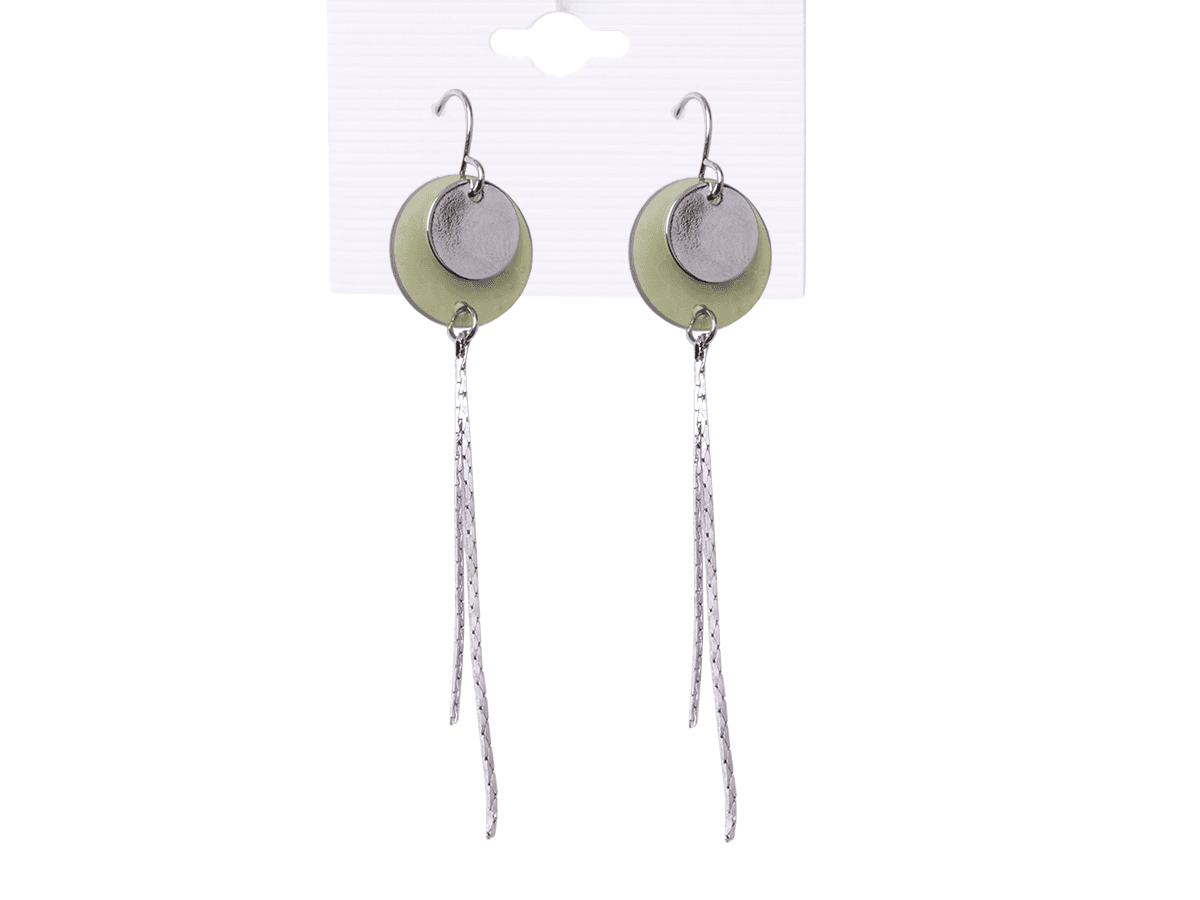 Earrings hanging green circles with hanging silver threads
