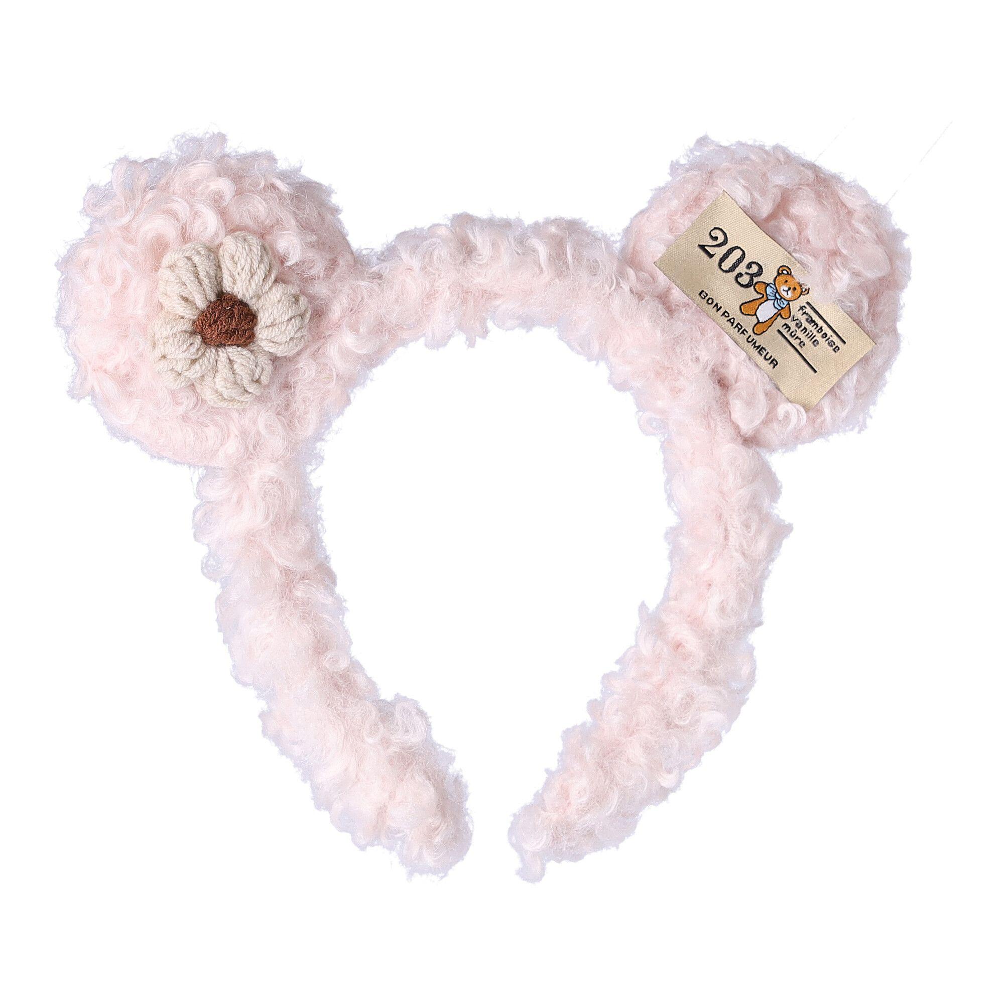 Plush headband with teddy bear ears and flower - light pink