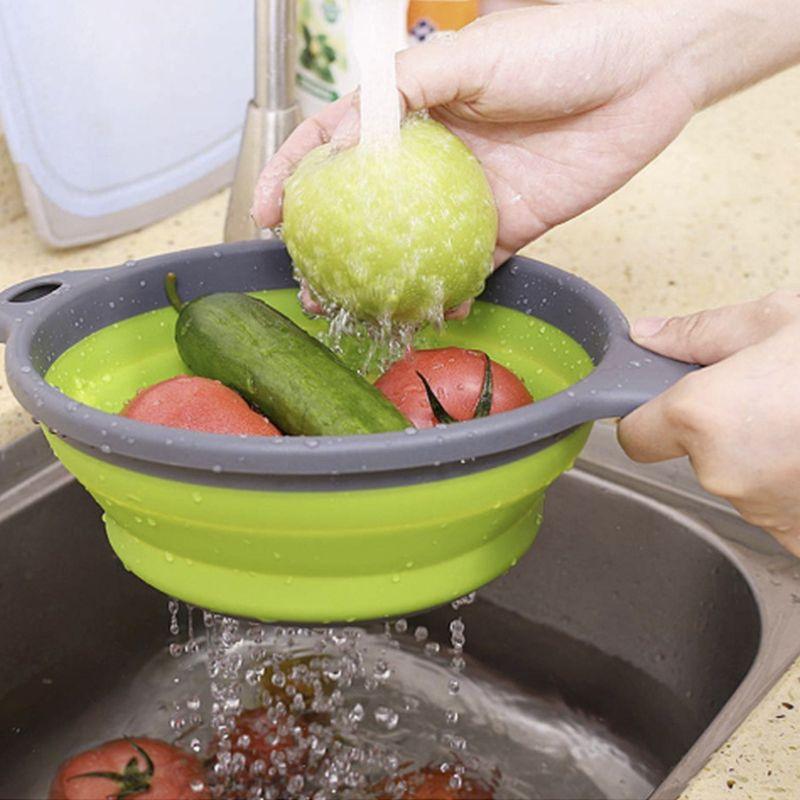 Collapsible silicone colander with a handle - 2 pieces, green