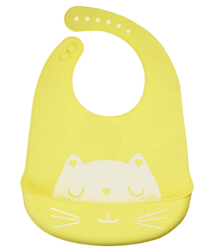 Silikonowy śliniak z kieszonką dla dzieci – żółty, kot