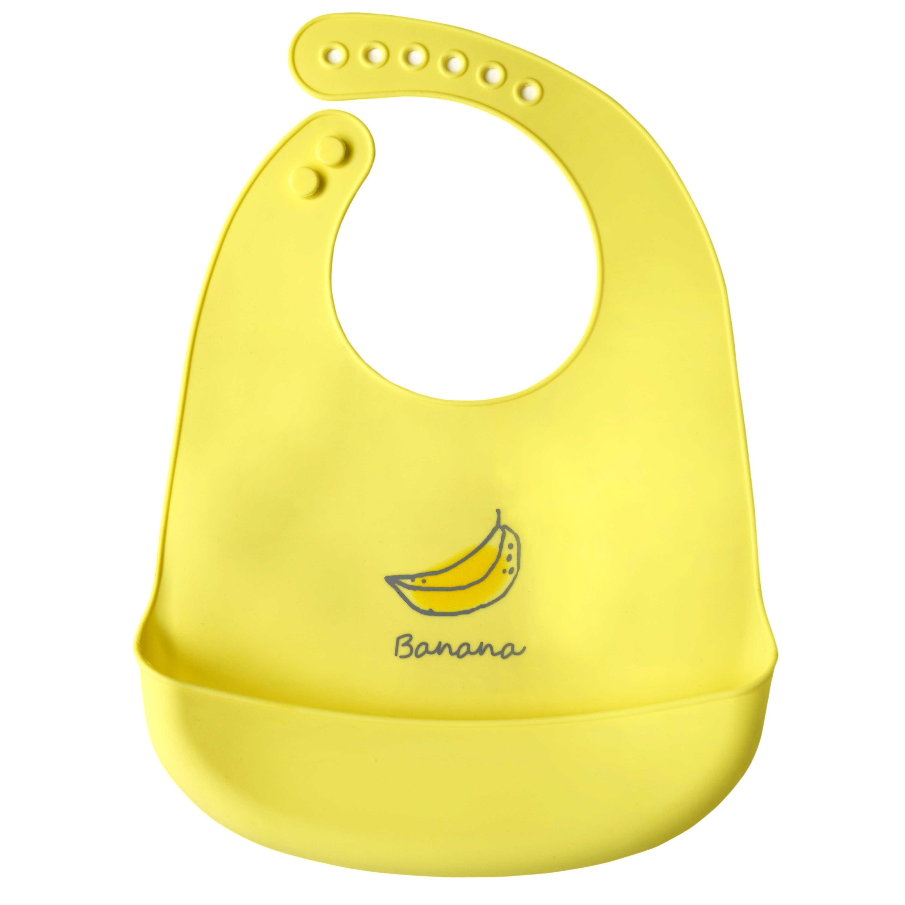 Silicone bib with a pocket for children - yellow, banana pattern