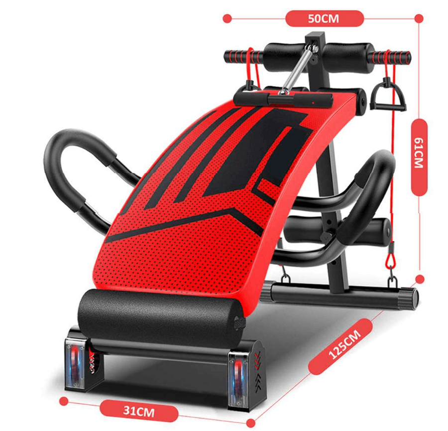 Multifunctional bench for exercising the abdominal muscles with side grips - red