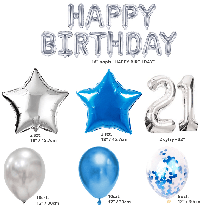 A set of balloons for 21th birthday - silver - blue