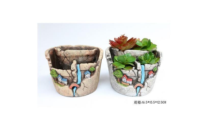 Dekoracyjna ceramiczna doniczka / donica z krajobrazem – wodospad, kolor brązowy