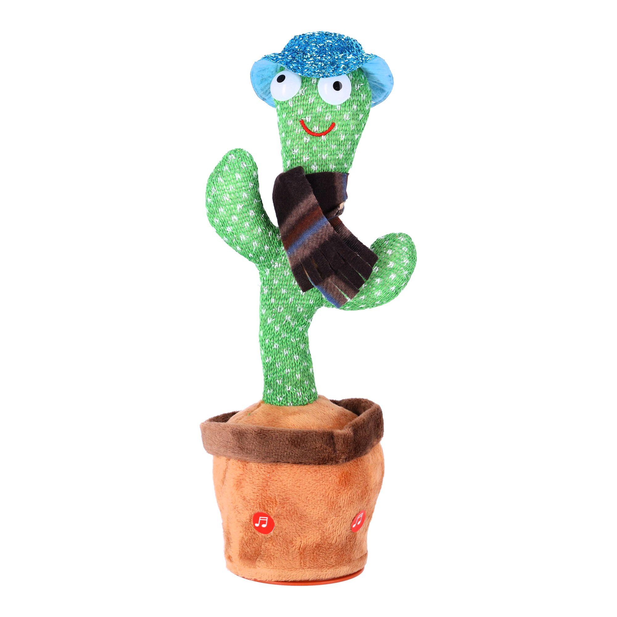 Children's toy - Dancing cactus - with checkered scarf and blue hat