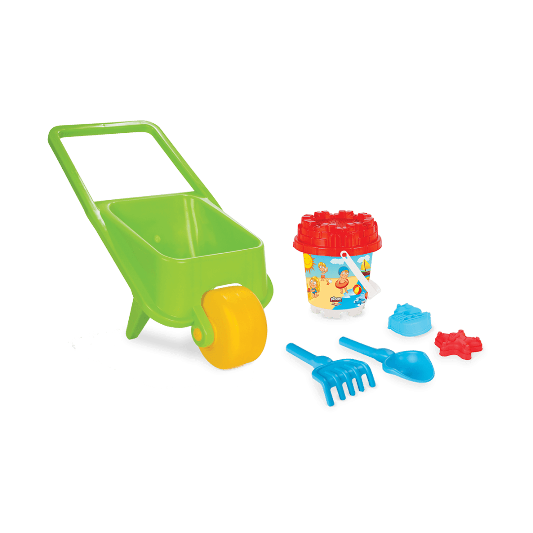 Wheelbarrow with sandbox accessories 5 items - green, Pilsan