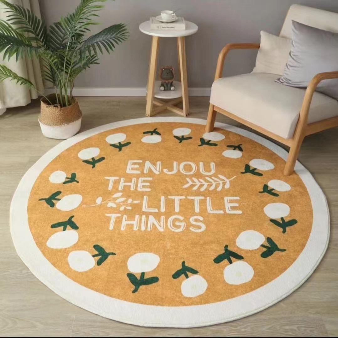 Round rug, non-slip 100 x 100 cm -  Flowers pattern, yellow