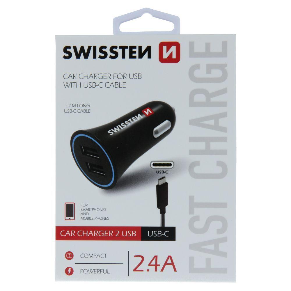 Ładowarka Samochodowa 2.4A 2x USB + Kabel USB-C Swissten