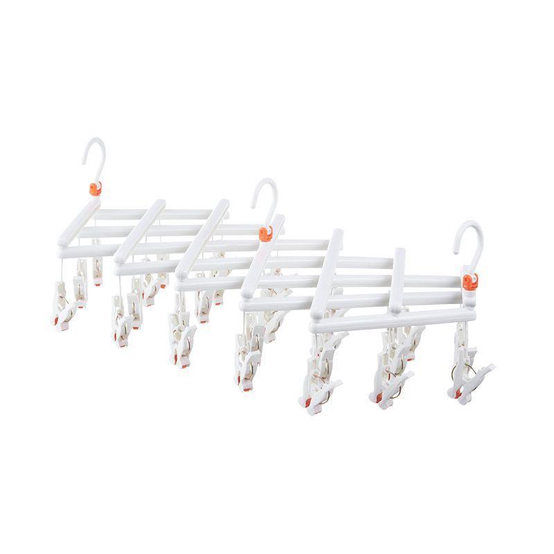 Plastic foldable clothes hanger with clips - 29 clips - white