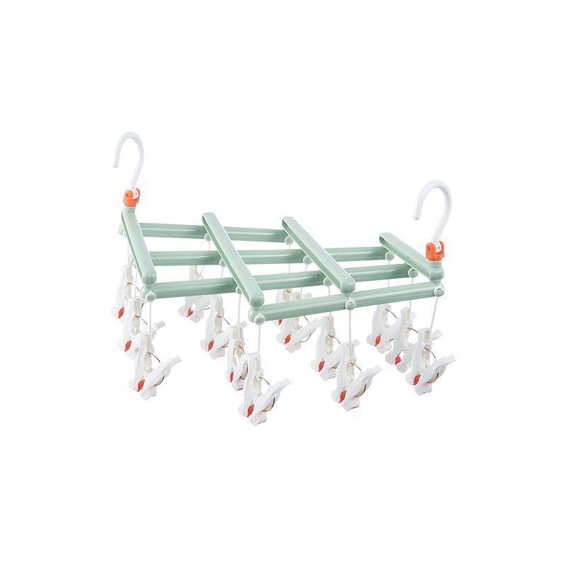 Plastic foldable clothes hanger with clips - 14 clips - green