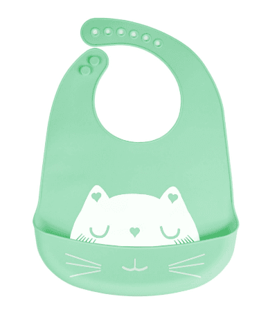 Silicone bib with a pocket for children - green, cat