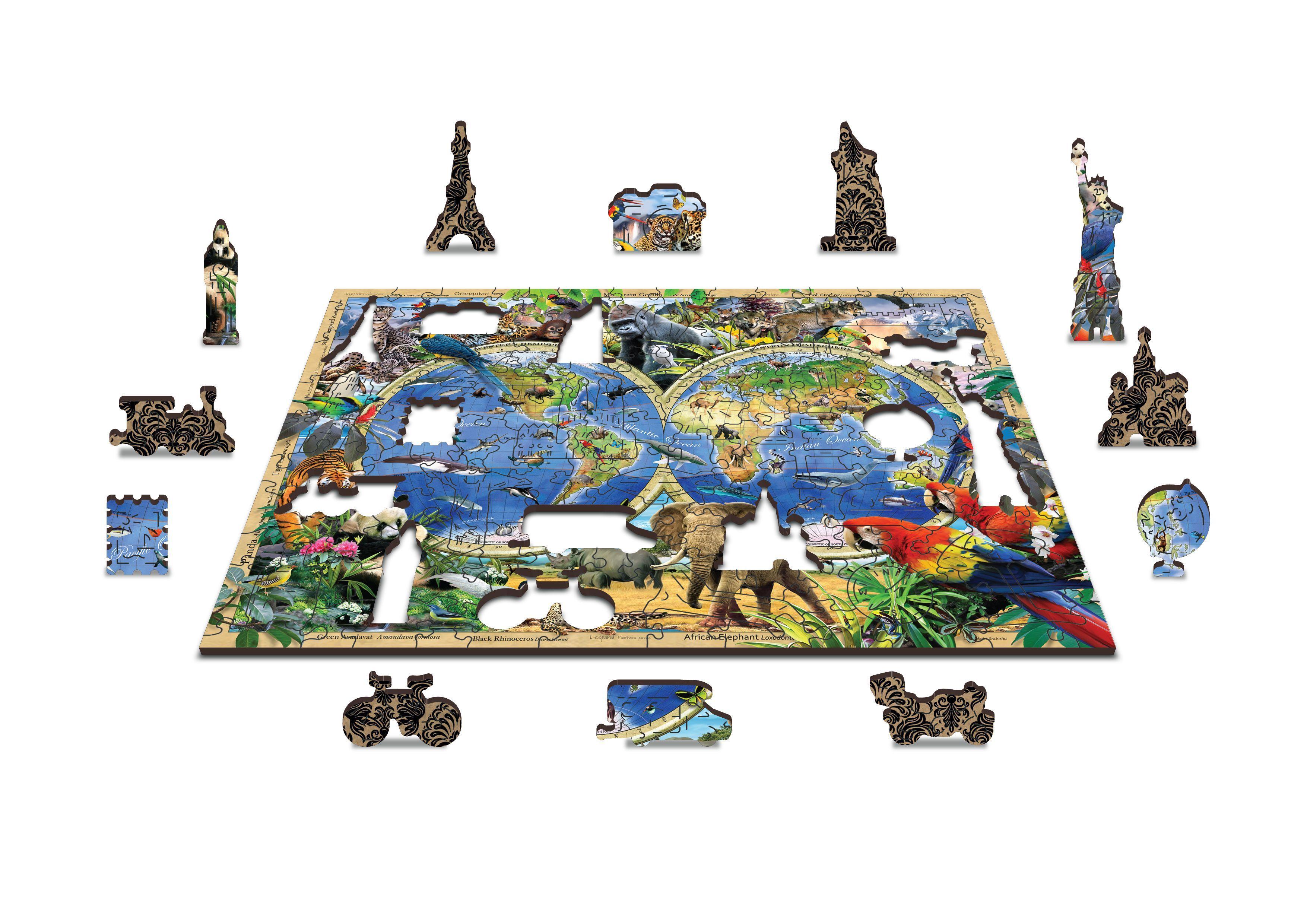 Wooden Puzzle with figures - Animals of the world map XL, 1010 elements