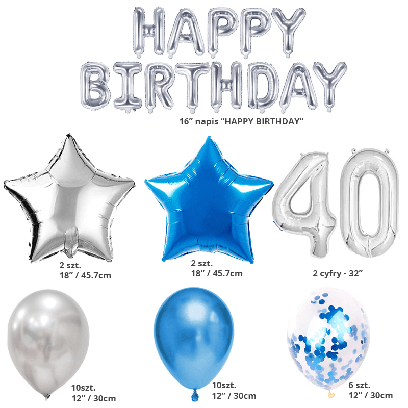 A set of balloons for 40th birthday - silver - blue