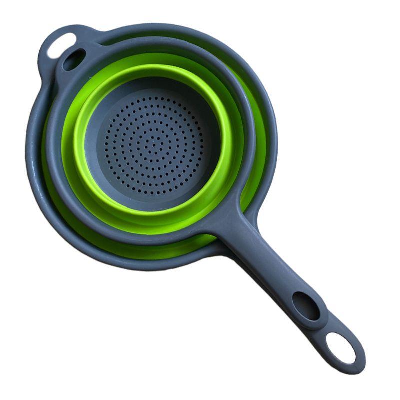 Collapsible silicone colander with a handle - 2 pieces, green