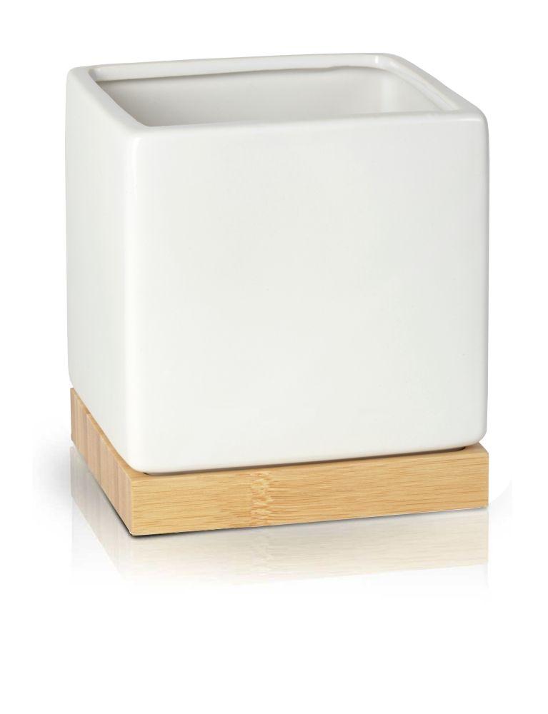 Ceramiczna donica / doniczka w kształcie kwadratu - biała z drewnianą podstawą - kolekcja BARCELONA
