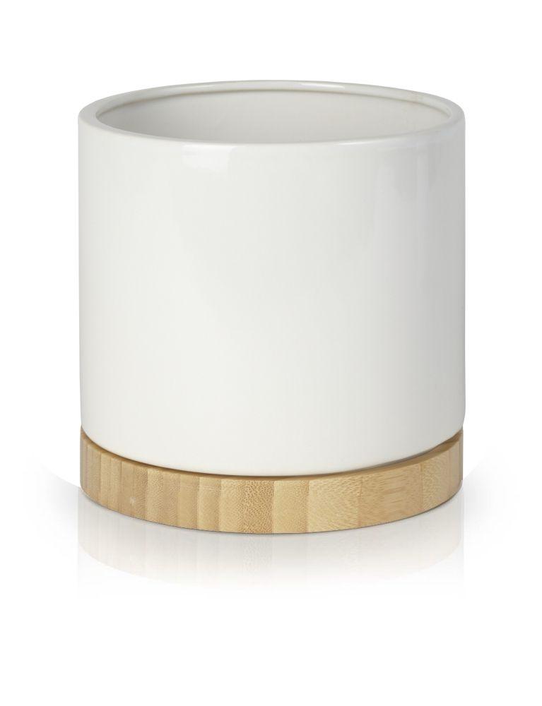 Ceramiczna donica / doniczka w kształcie cylindra - biała z drewnianą podstawą - kolekcja BARCELONA