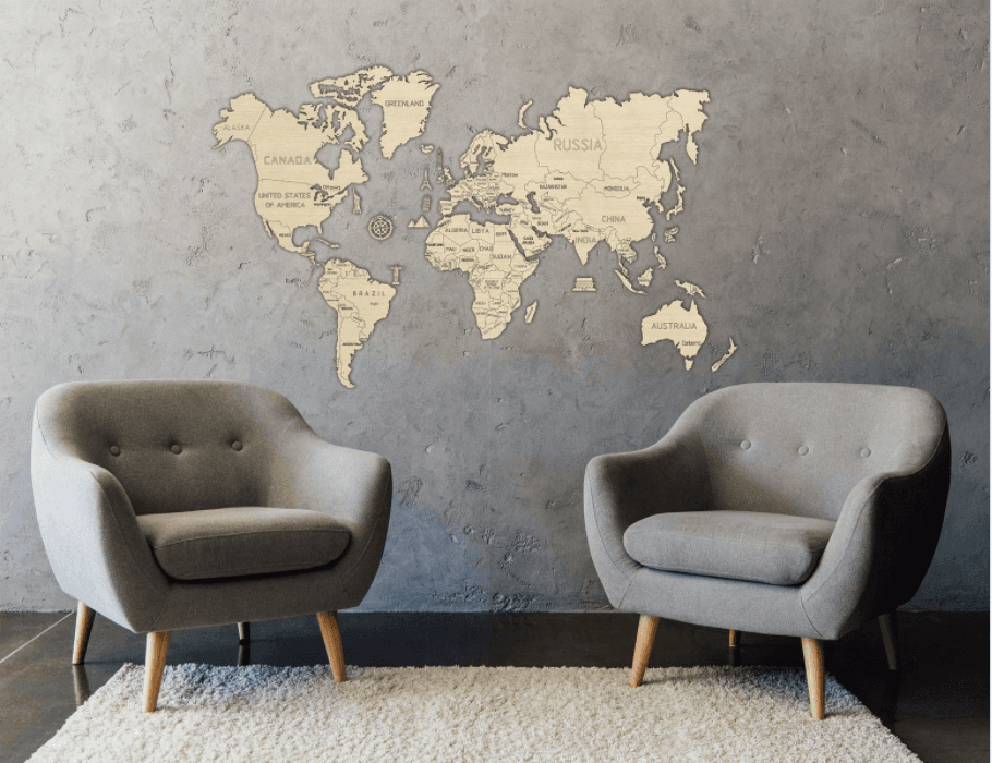 Wooden World Map on a 3D wall, size XXL - natural color
