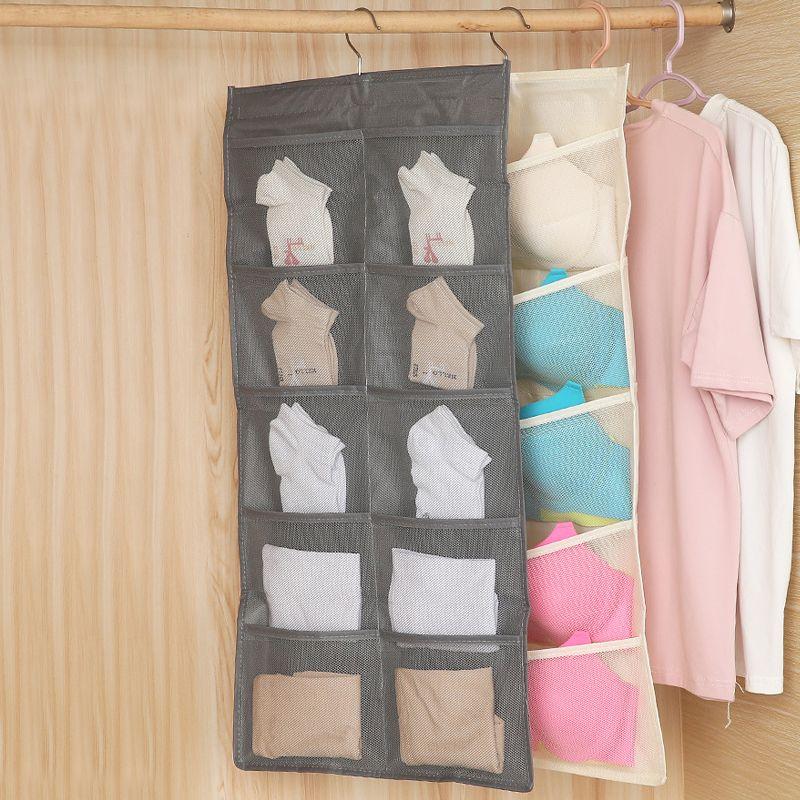 Hanging wardrobe organizer with pockets - gray