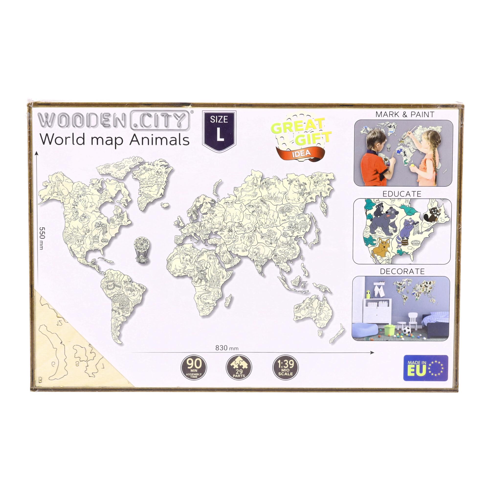 Drewniana Mapa Świata Zwierząt 3D, rozm. L