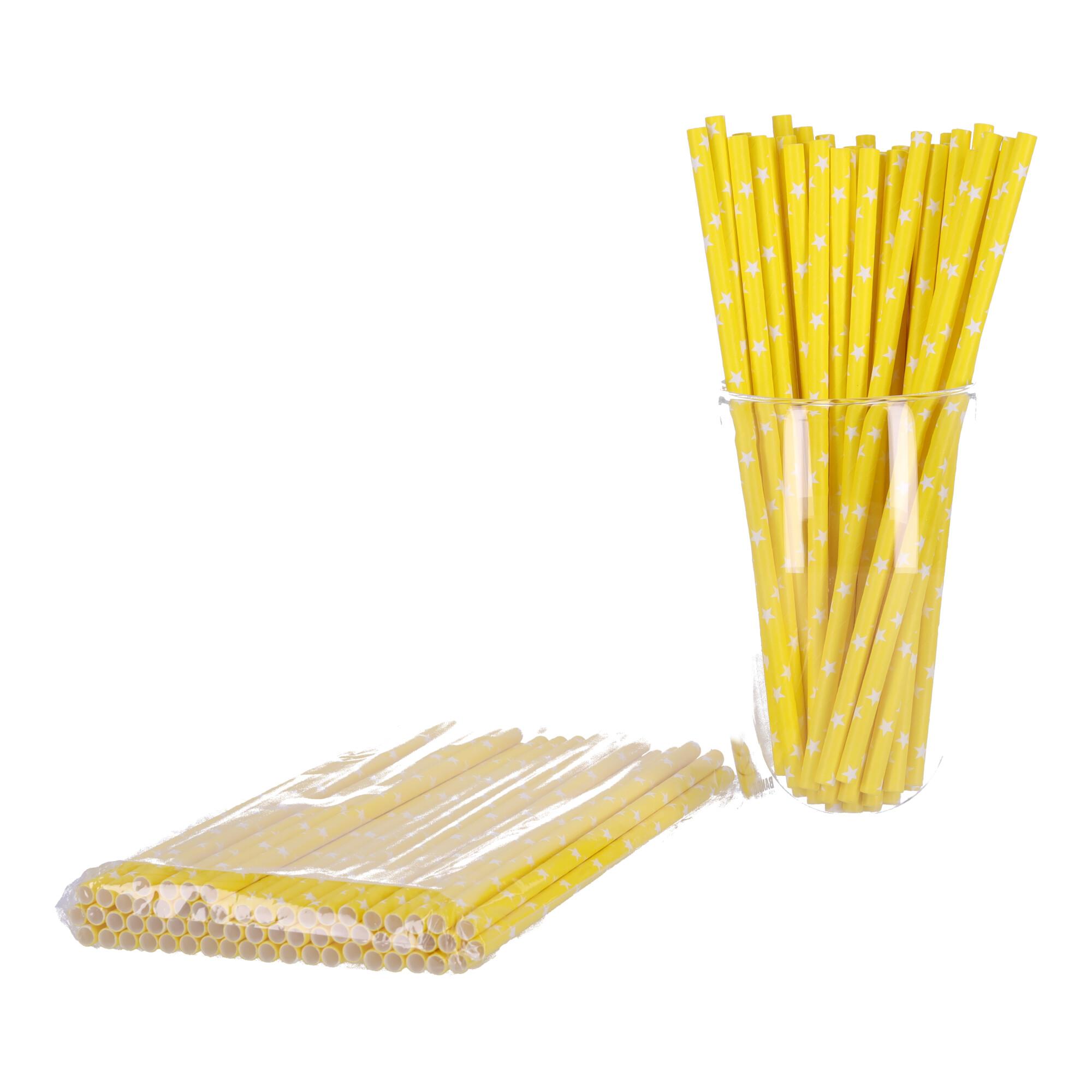 Paper straws 197mm x 6mm, 100 pcs - yellow with stars
