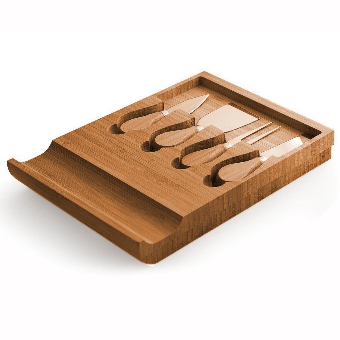 Bamboo cheese serving board with knives