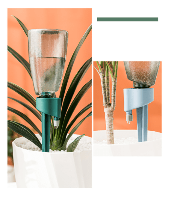 Automatic drip irrigator with a bottle for flowers and potted plants - green