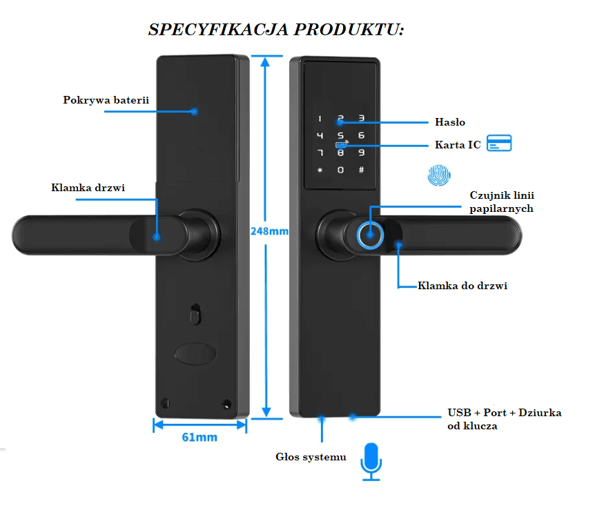 Tuya Smart door handle, Electronic door lock for fingerprint, code, Wi-Fi, RFID - black