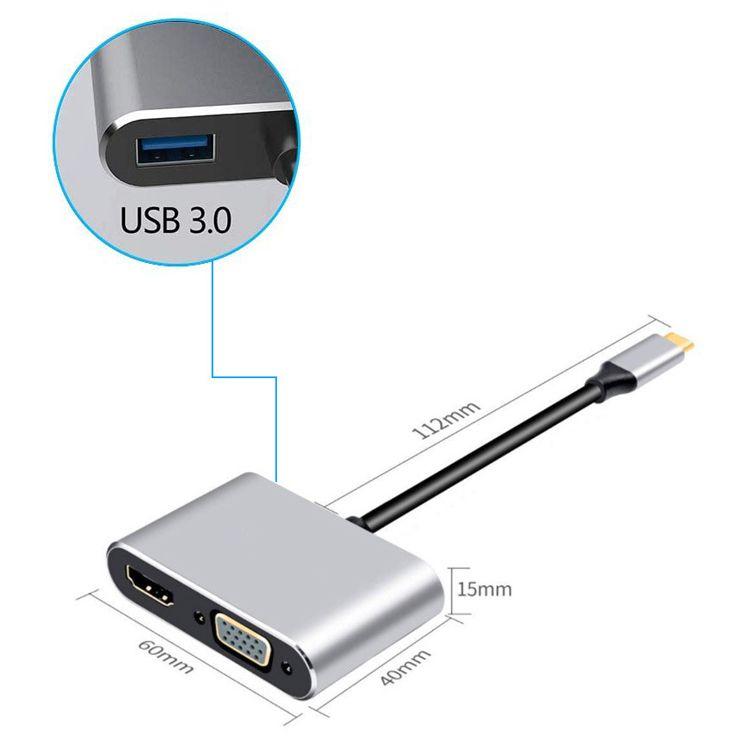 Aluminum adapter HUB 4in1 USB-C to 4K HDMI, VGA, USB 3.0, PD USB-C