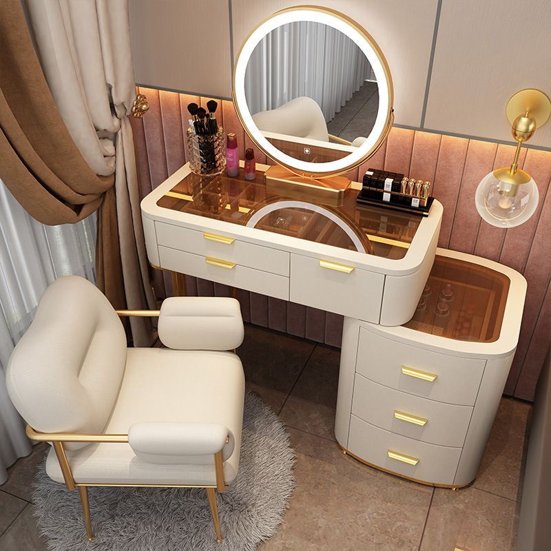 Kosmetický stůl - Skleněný toaletní stolek - kompletní set se strukturou masivního dřeva 80 cm - bílý