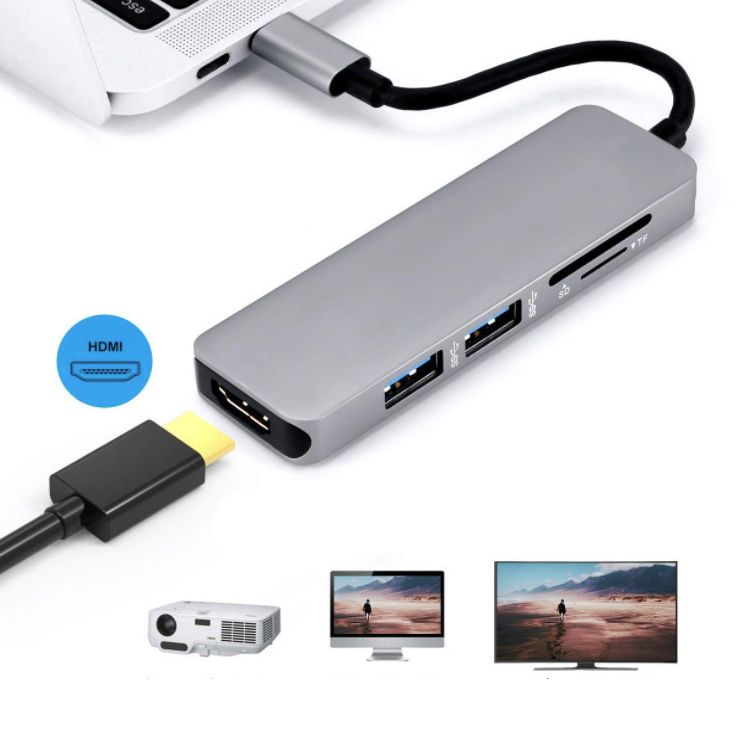 Hliníkový adaptér HUB 5v1 USB-C na HDMI 4K, 2xUSB 3.0, Čtečka karet od domeshop.cz
