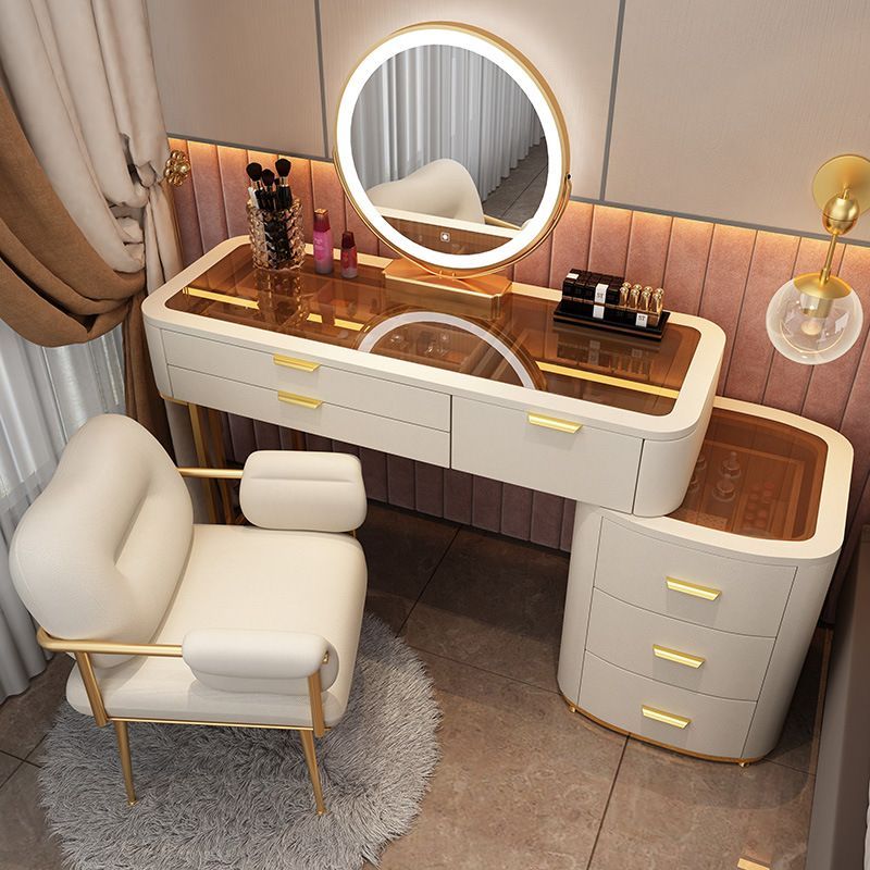Kosmetický stůl - Skleněný toaletní stolek - kompletní set se strukturou masivního dřeva 100 cm - bílý