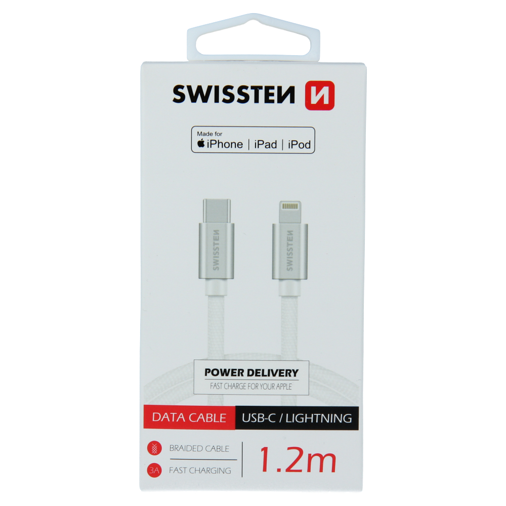 Kabel / USB-C / Lightning MFI 1,2 m šňůra Swissten - stříbrná od ninex.cz