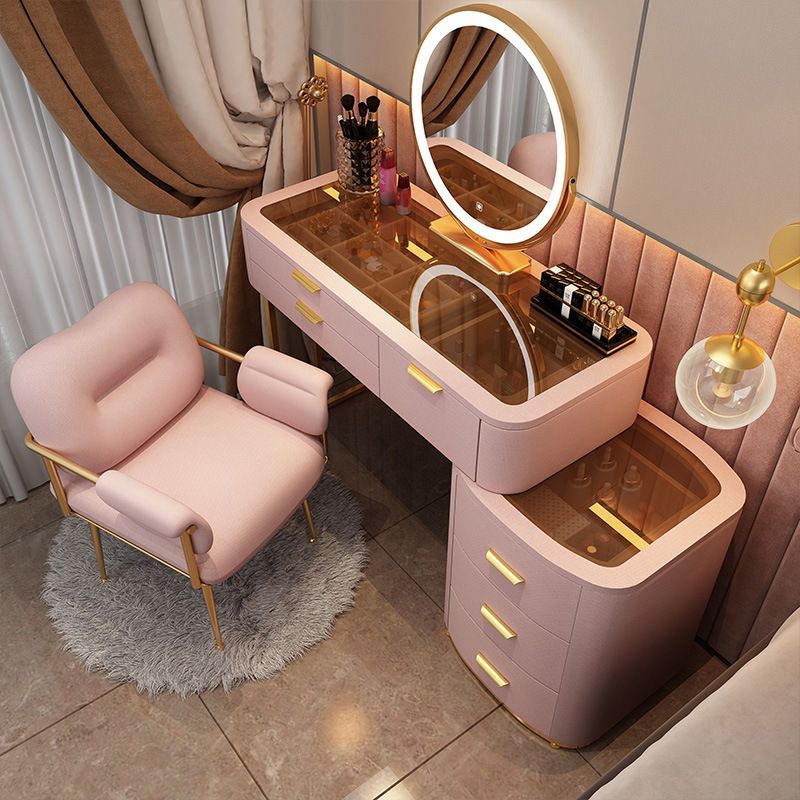 Kosmetický stůl - Skleněný toaletní stolek - kompletní set se strukturou masivního dřeva 120 cm - růžový