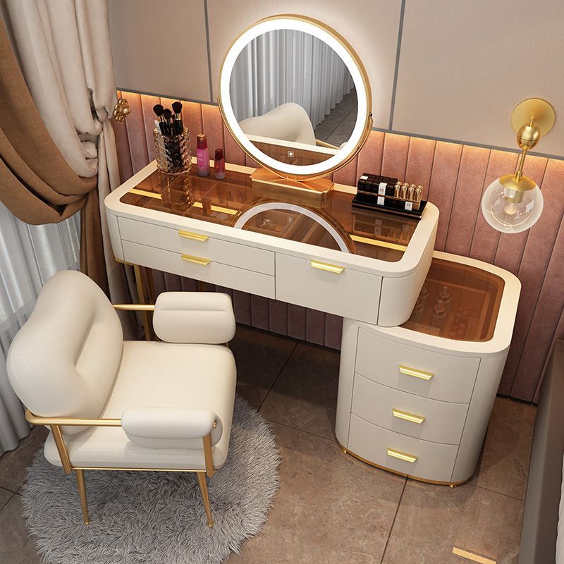 Kosmetický stůl - Skleněný toaletní stolek - kompletní set se strukturou masivního dřeva 120 cm - bílý