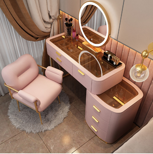 Kosmetický stůl - Skleněný toaletní stolek - kompletní set se strukturou masivního dřeva 80 cm - růžový
