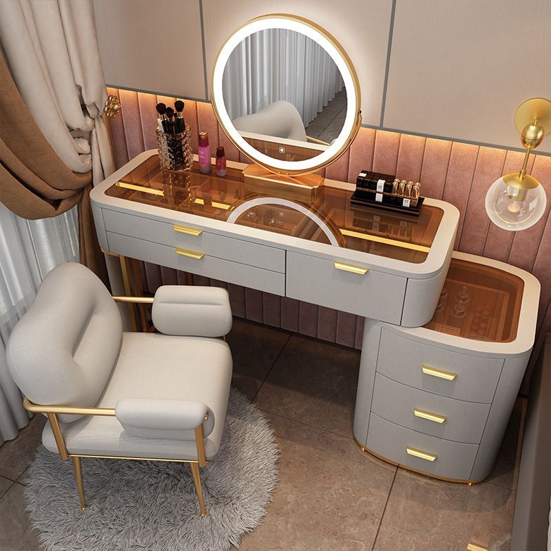 Kosmetický stůl - Skleněný toaletní stolek - kompletní set se strukturou masivního dřeva 120 cm - šedý