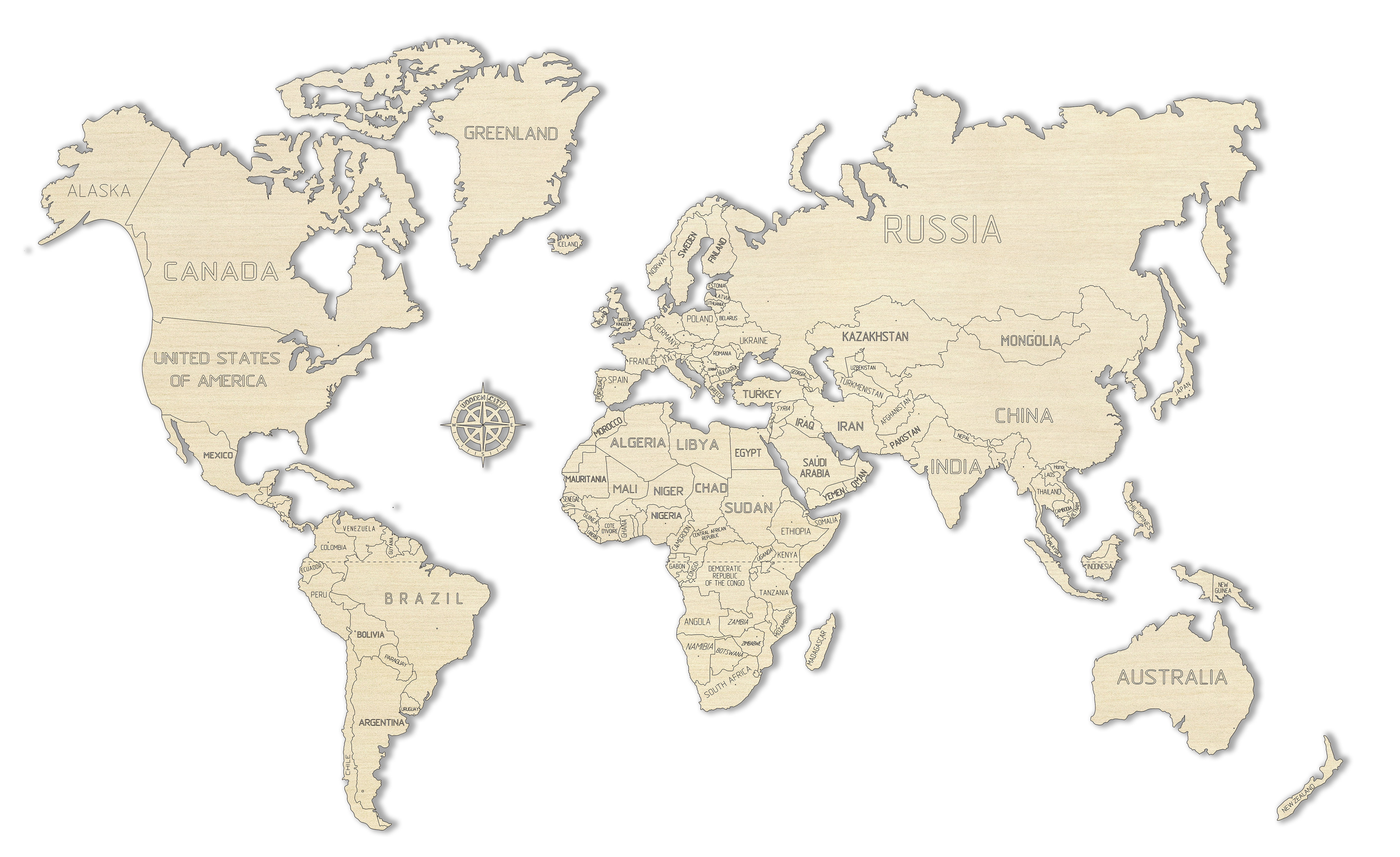 Dřevěná mapa světa na 3D stěně, velikost L - přírodní barva od ninex.cz