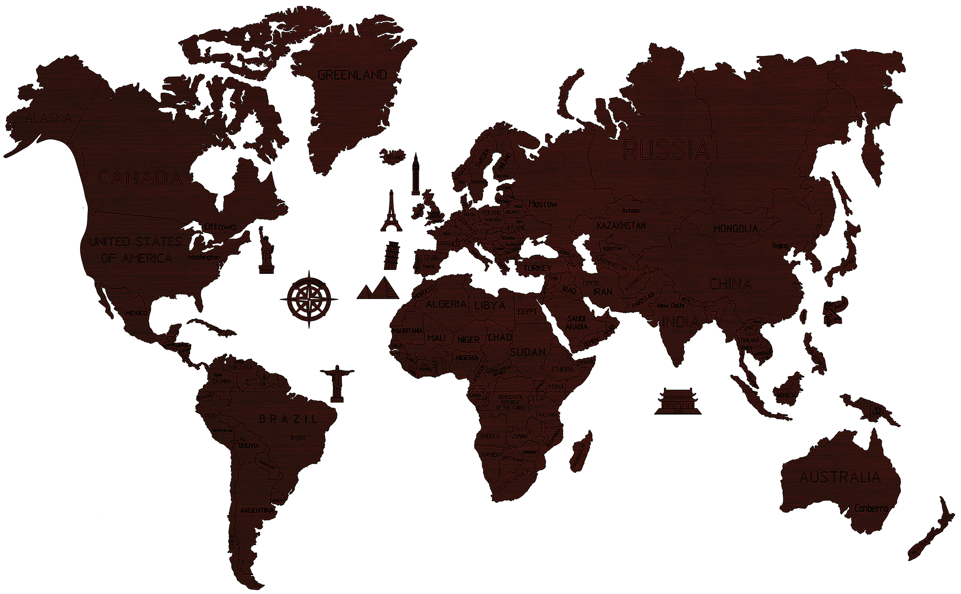 Dřevěná mapa světa na 3D stěně, velikost XXL - barva tmavý dub od ninex.cz