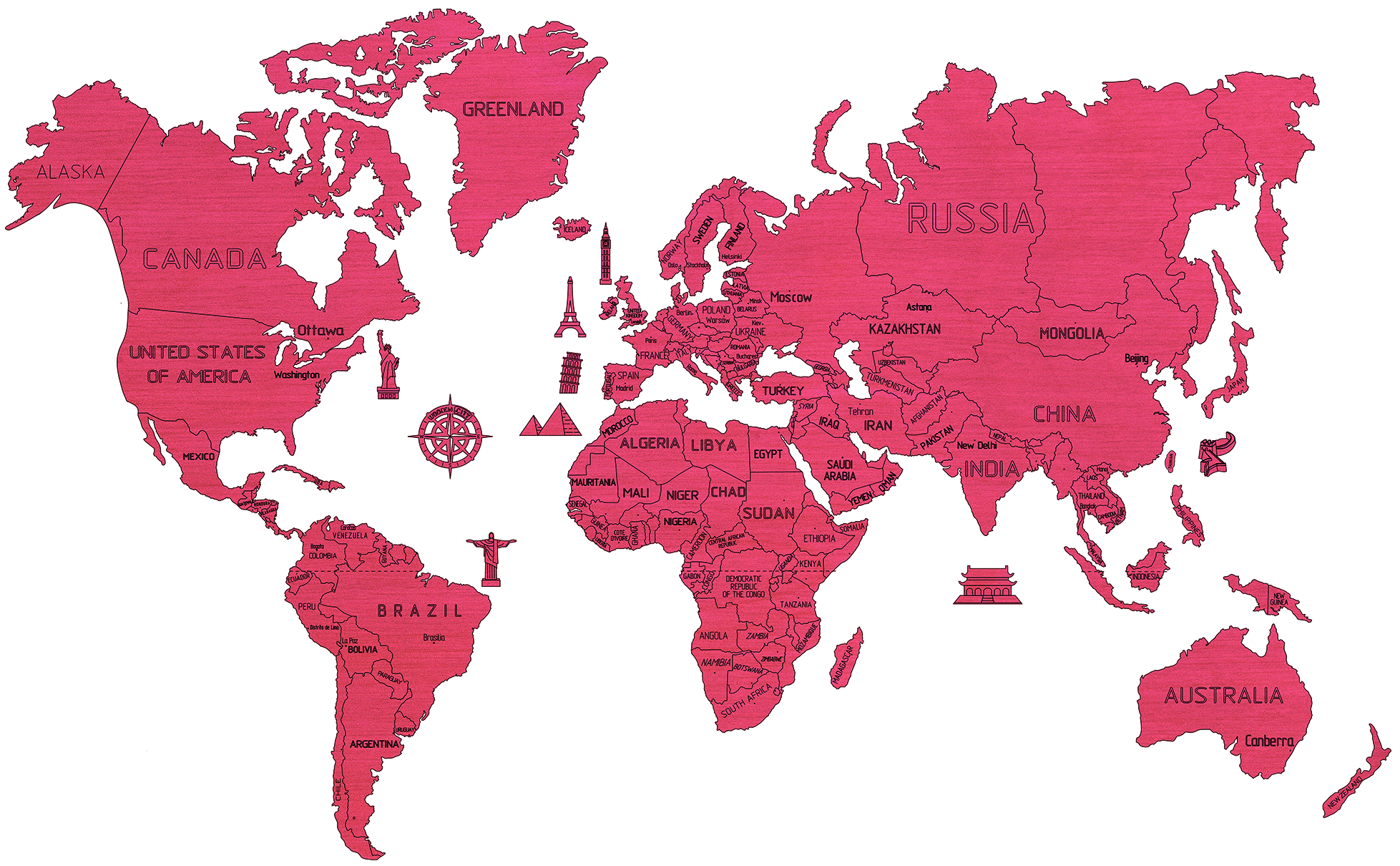 Dřevěná mapa světa na 3D stěně, velikost XXL - barva korálová od ninex.cz