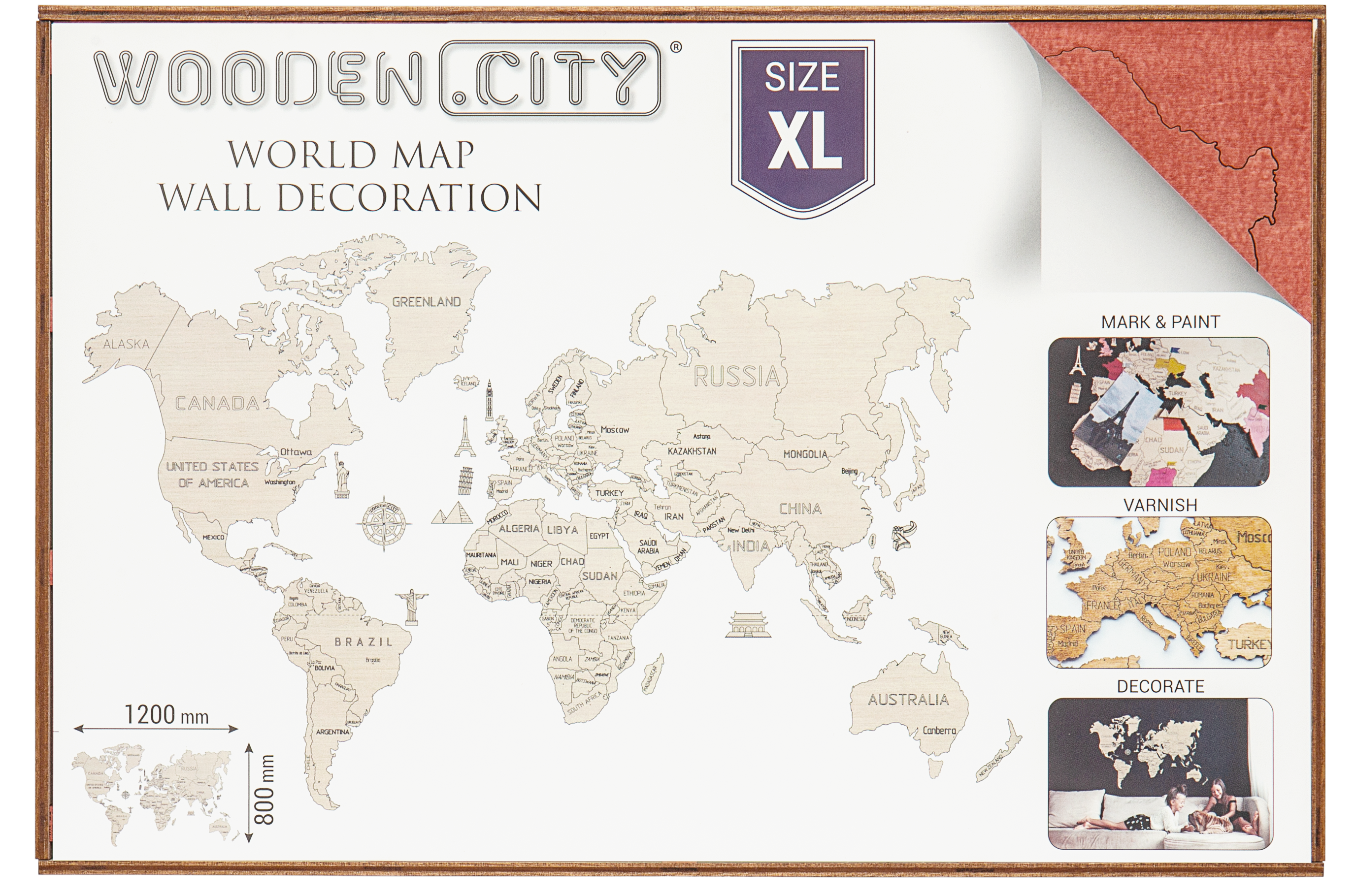 Dřevěná mapa světa na 3D stěně, velikost XL - přírodní korál od ninex.cz