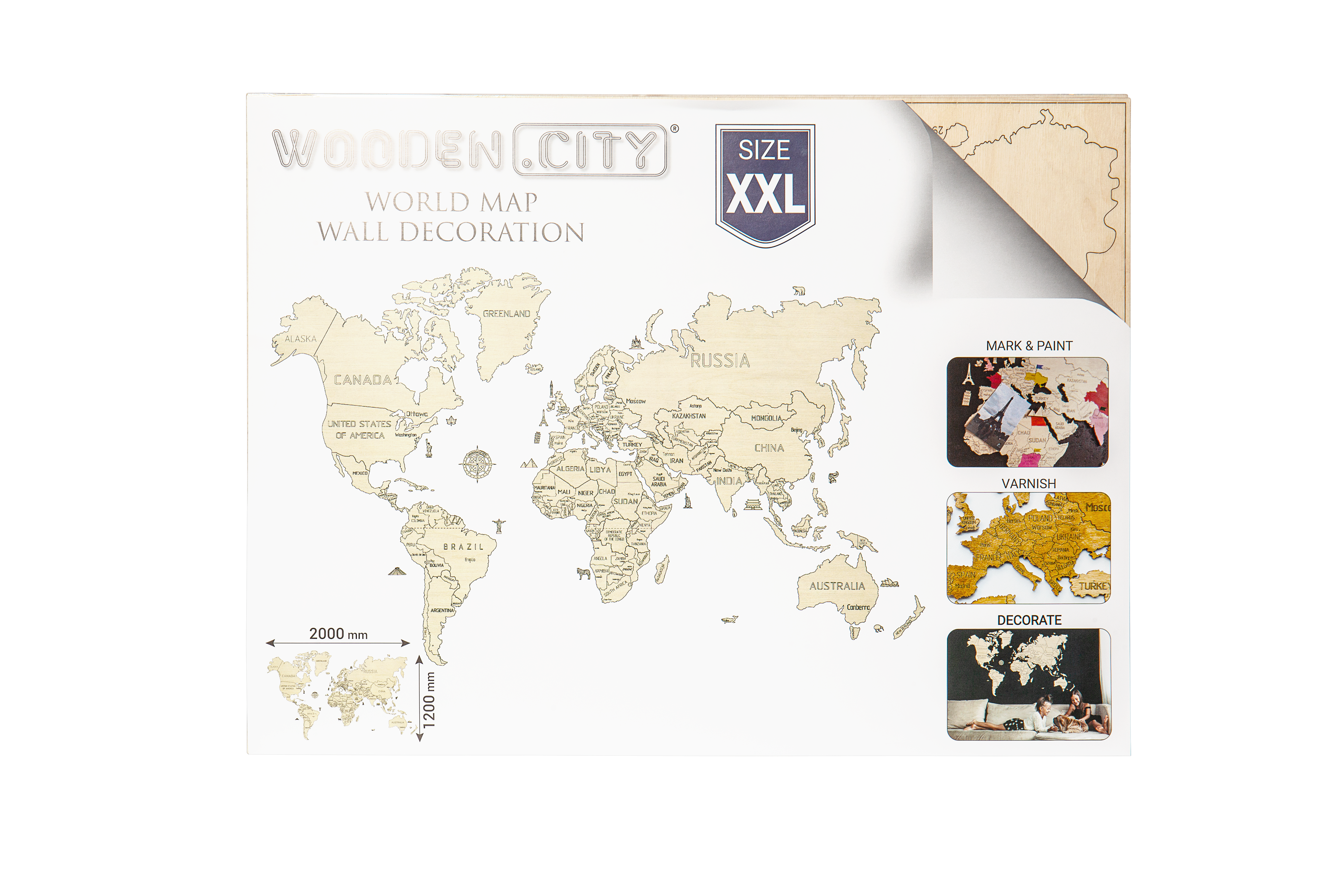 Dřevěná mapa světa na 3D stěně, velikost XXL - barva azurová od ninex.cz