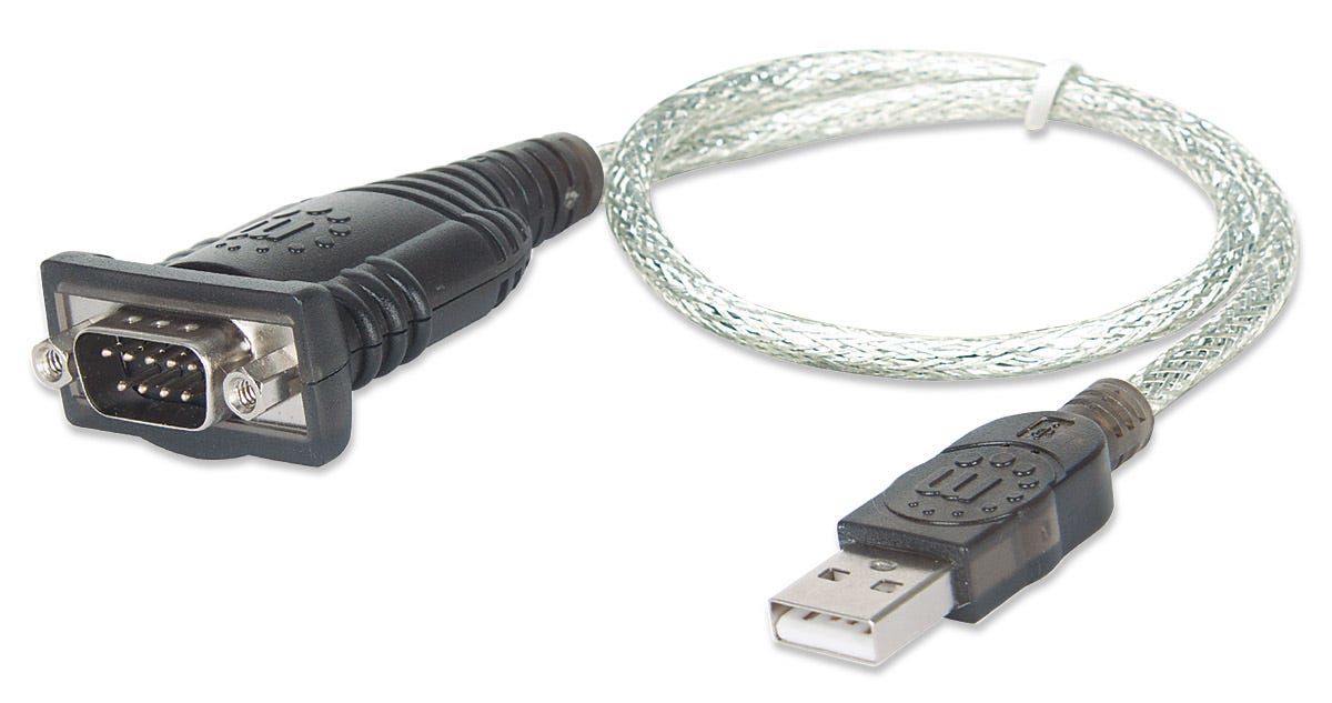 Manhattan USB-A to Serial Converter cable, 45cm, Male to Male, Serial/RS232/COM/DB9, Prolific PL-2303RA Chip, Equivalent to Startech ICUSB232V2, Black/Silver cable, Three Year Warranty, Blister